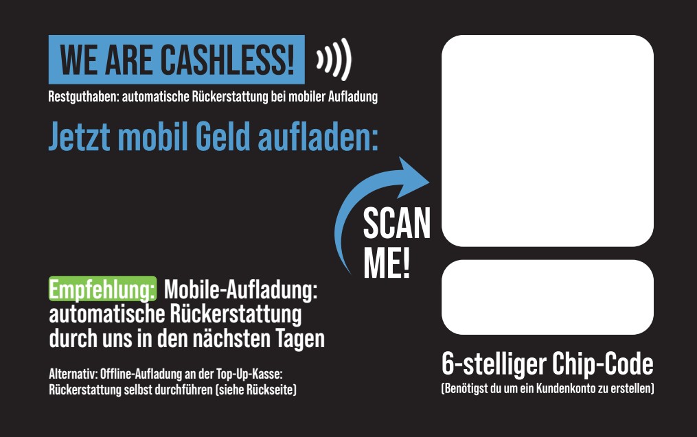 Cashless-Karte Vorderseite: mobil aufladen via QR-Code, automatische Rückerstattung des Restguthabens
